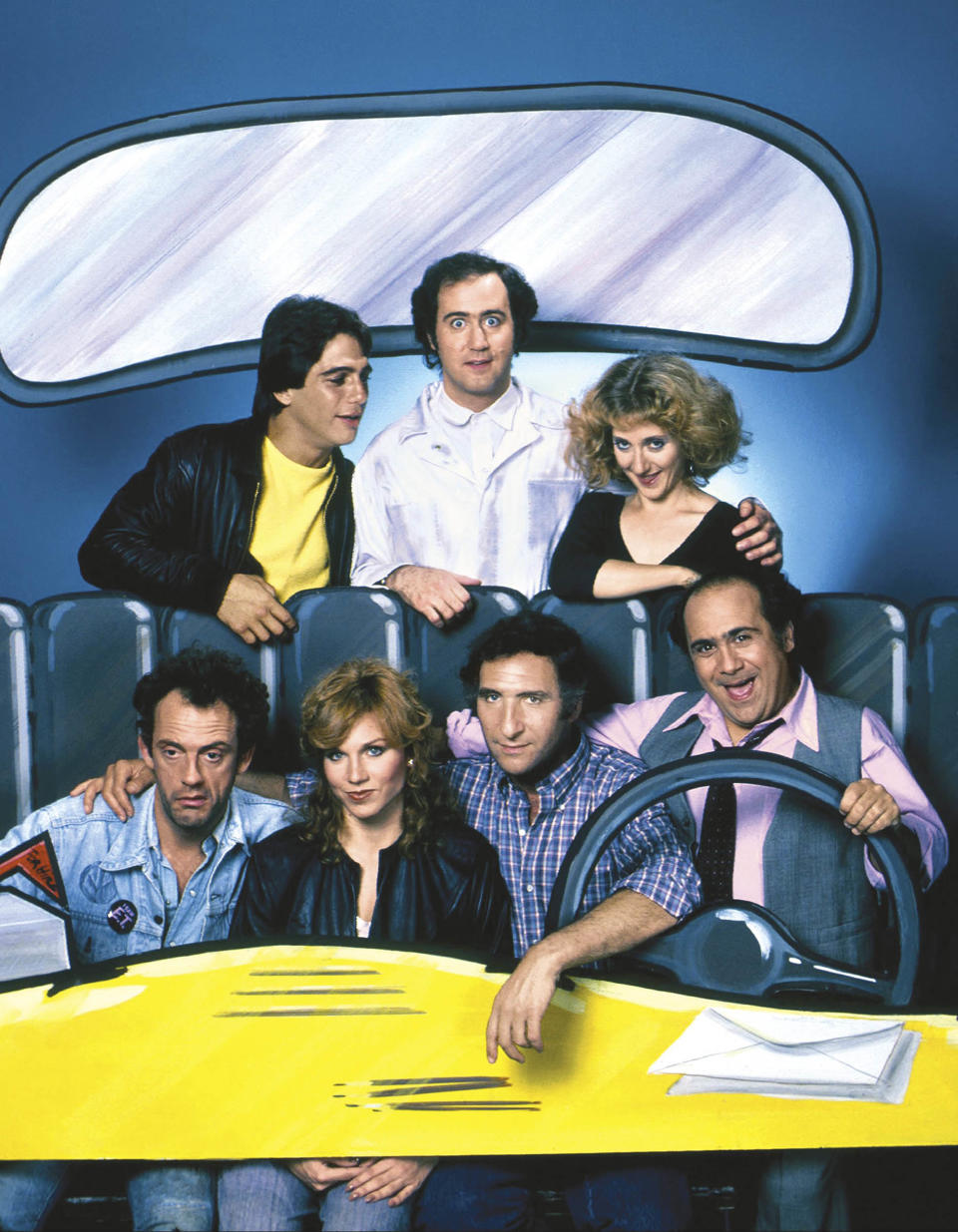 TAXI -- Pictured: (clockwise from top left) Tony Danza as Tony Banta, Andy Kaufman as Latka Gravas, Carol Kane as Simka Dahblitz-Gravas, Danny DeVito as Louie De Palma, Judd Hirsch as Alex Reiger, Marilu Henner as Elaine O'Connor-Nardo, Christopher Lloyd as Reverend Jim Ignatowski   (NBC / via Getty Images)