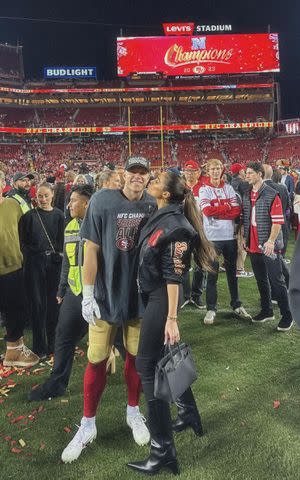 <p>Olivia Culpo/Instagram</p> Olivia Culpo poses with fiancée Christian McCaffrey after the 49ers win the NFC Championship