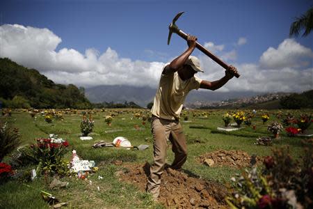 A worker digs a grave in the East Cemetery in Caracas December 27, 2013. REUTERS/Carlos Garcia Rawlins