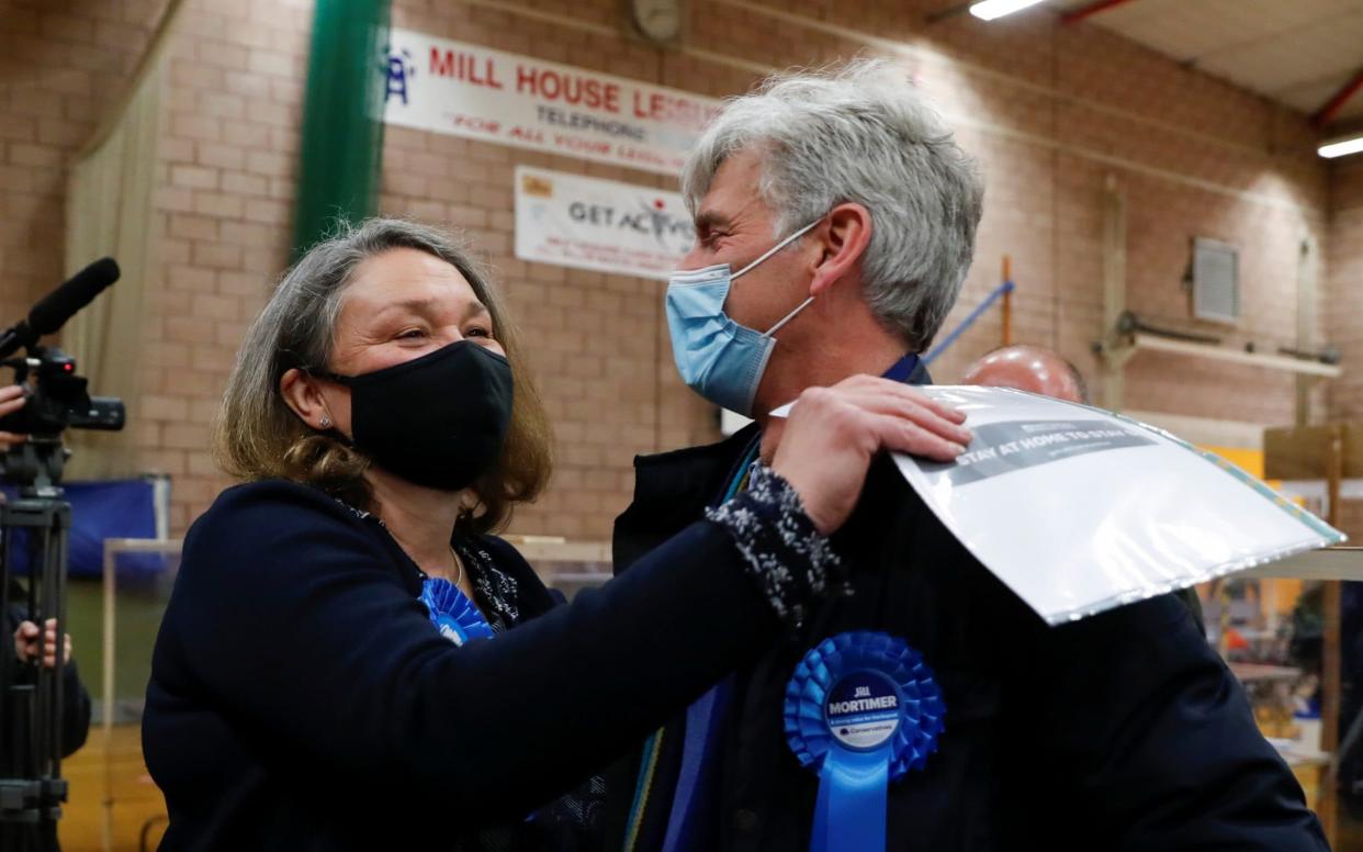 Jill Mortimer of the Conservative Party reacts at Mill House Leisure Centre as voting results are announced -  REUTERS