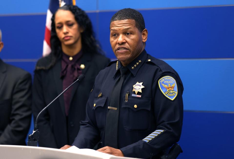 Police chief William Scott and district attorney Brooke Jenkins at a press conference to discuss the attack on Paul Pelosi (Getty Images)