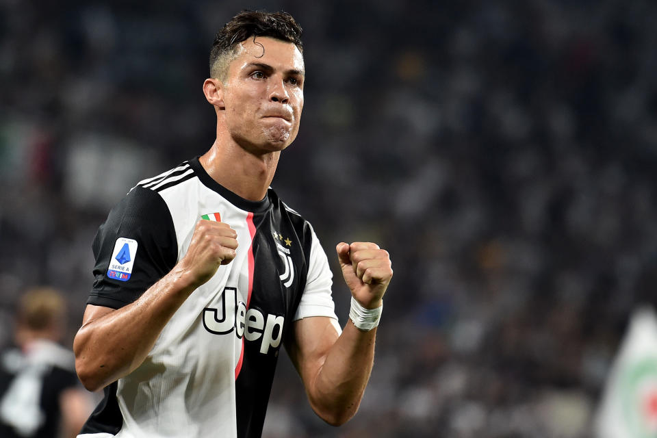 ALLIANZ STADIUM, TORINO, ITALY - 2019/08/31: Cristiano Ronaldo of Juventus celebrates after scoring the goal of 3-0 for his side during the Serie A football match between Juventus FC and SSC Napoli. Juventus FC won 4-3 over  SSC Napoli. (Photo by Andrea Staccioli/LightRocket via Getty Images)