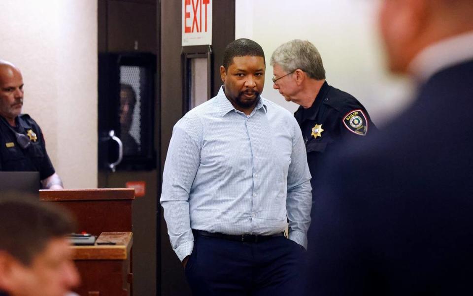 Paige Terrell Lawyer enters the courtroom of Criminal District Court No. 1 on Monday at the Tim Curry Criminal Justice Center in Fort Worth. Lawyer is on trial for capital murder in the April 2018 strangulation of his girlfriend, O’Tishae Womack, and her 10-year-old daughter, Ka’Mayria Womack. Amanda McCoy/amccoy@star-telegram.com
