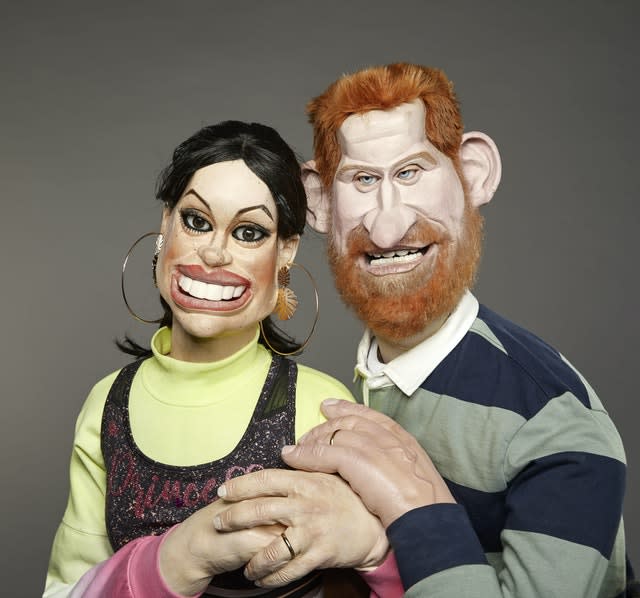 The Duke and Duchess of Sussex in puppet form 