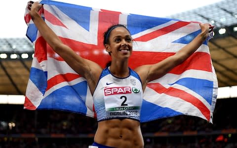 Katarina Johnson-Thompson of Great Britain celebrates winning silver in the Women's Heptathlon - Credit: GETTY IMAGES