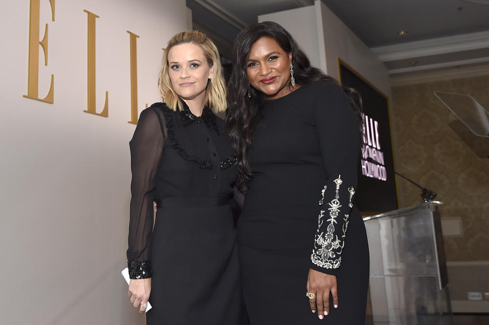 LOS ANGELES, CALIFORNIA - OCTOBER 14: Reese Witherspoon and Mindy Kaling pose onstage during ELLE's 26th Annual Women In Hollywood Celebration Presented By Ralph Lauren And Lexus at The Four Seasons Hotel Los Angeles on October 14, 2019 in Beverly Hills, California. (Photo by Stefanie Keenan/Getty Images for ELLE)