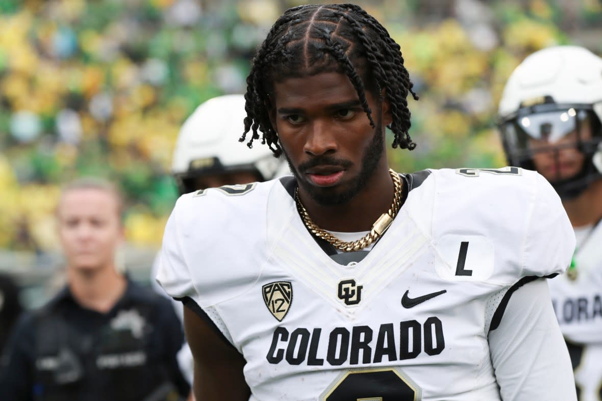 Colorado quarterback Shedeur Sanders (2) walks off the field following an NCAA college football game against Oregon, Saturday, Sept. 23, 2023, in Eugene, Ore. Oregon won 42-6. (AP Photo/Amanda Loman)