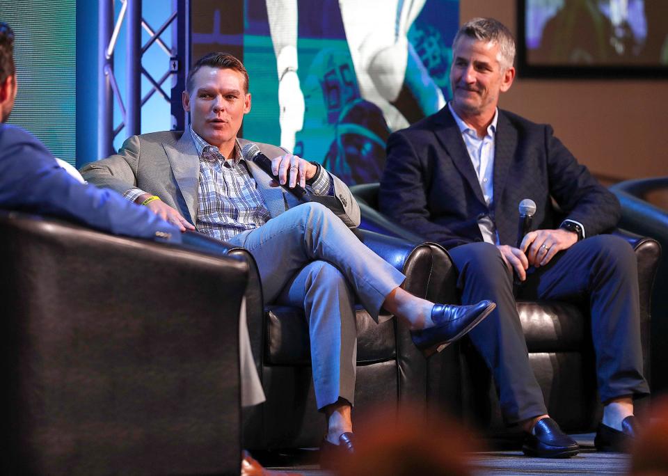 Emcee Jeff Saturday talks to Colts GM Chris Ballard and head coach Frank Reich during the Colts Town Hall Meeting with their fans and season ticket holders at the Colts Complex Thursday, May 2, 2019.