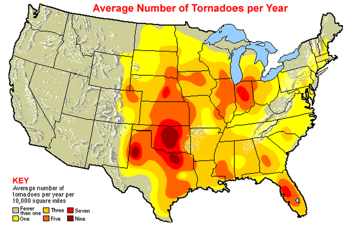 Texas and Oklahoma have historically had the most tornadoes per year per 10,000 square miles, according to the University Corporation for Atmospheric Research.