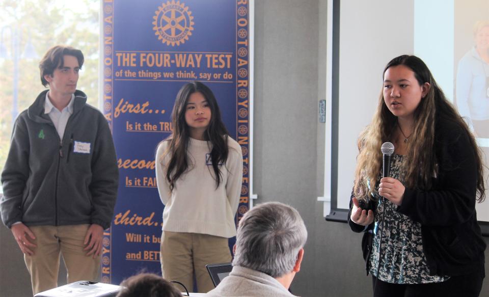 Student leaders from the West Ottawa High School Interact Club speak about their water safety initiatives with Holland Noon Rotary Club members Thursday, March 23.