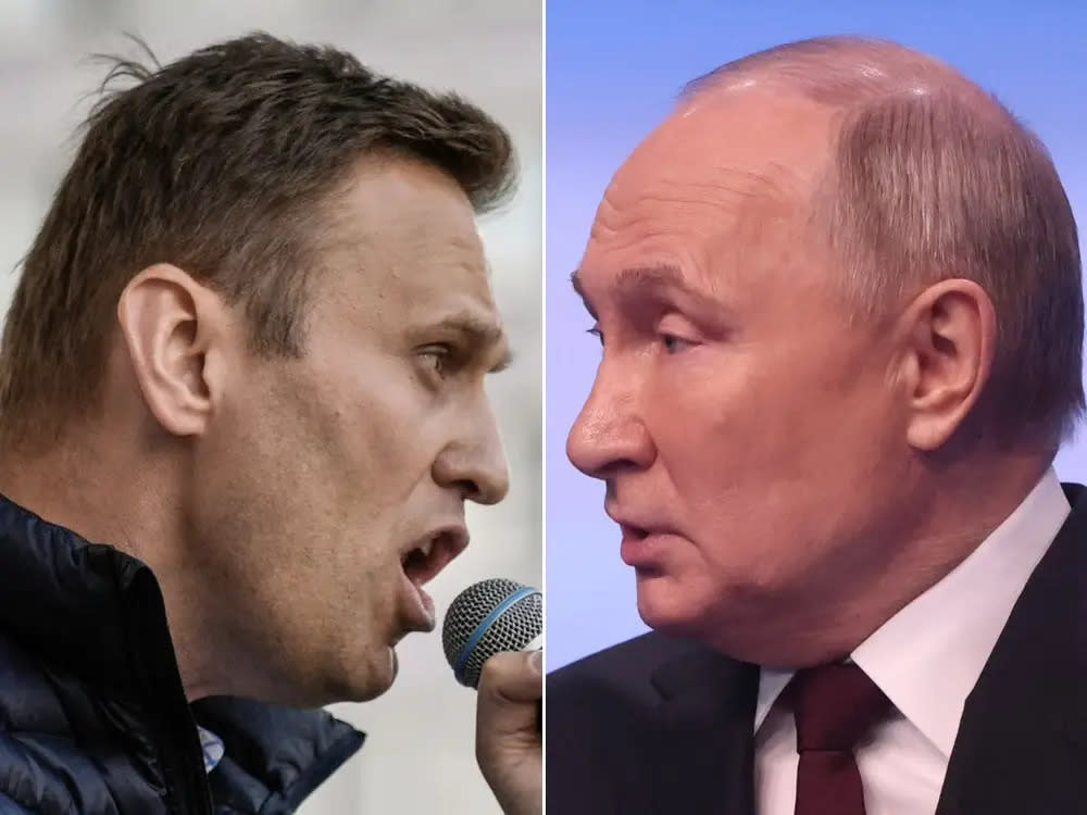 Der russische Oppositionsführer Alexey Navalny (links) und der russische Präsident Wladimir Putin (rechts). - Copyright: Alexander Nemenov/AFP via Getty Images; Contributor via Getty Images