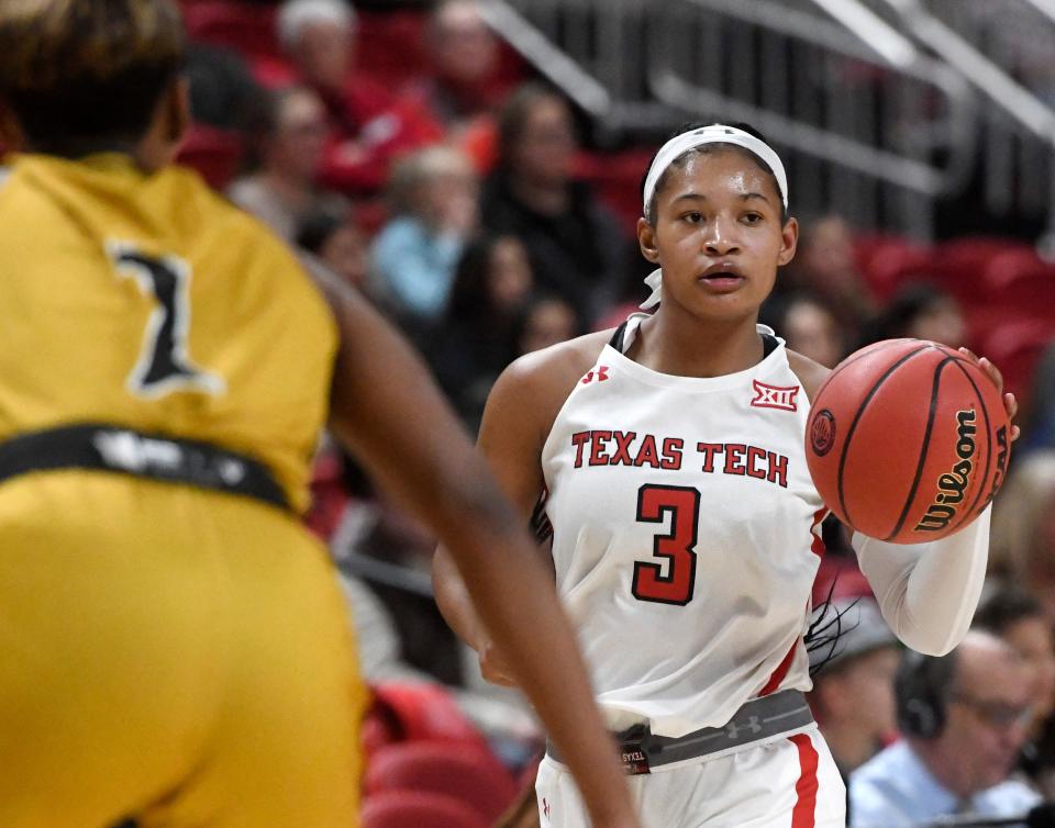 Texas Tech's guard Jasmine Shavers (3) dribbles the ball against Alabama State in a non-conference basketball game, Thursday, Dec. 1, 2022, at United Supermarkets Arena. 