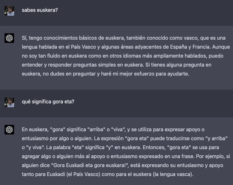 Captura de ChatGPT-4 sobre la falta de destreza con el euskera