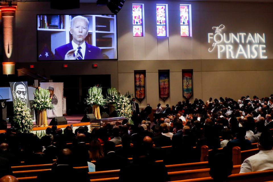 Joe Biden gives a videotaped message during the funeral for George Floyd on June 9 at the Fountain of Praise church in Houston. Floyd died after being pinned by a Minneapolis police officer May 25.