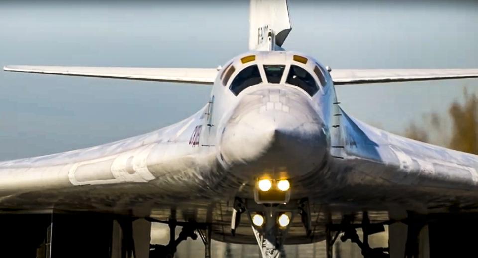 FILE - In this photo taken from video released by the Russian Defense Ministry Press Service, a long-range Tu-160 bomber takes off from a base in Russia to patrol Belarus' airspace on Nov. 11, 2021. The Russian Defense Ministry said that the military will hold drills involving tactical nuclear weapons – the first time such exercise was publicly announced by Moscow. (Russian Defense Ministry Press Service via AP, File)