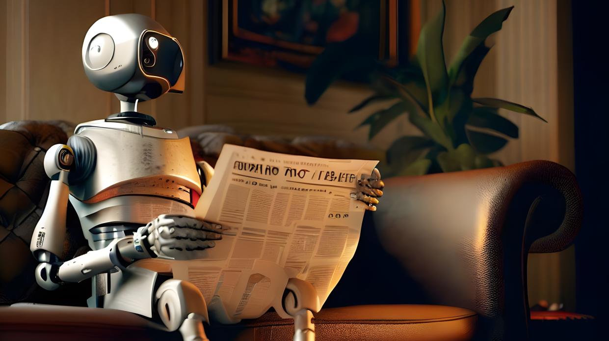  A robot reading a newspaper. 