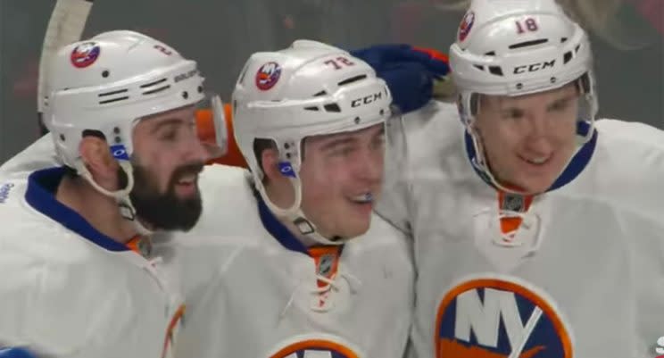 <em>Anthony Beauvillier celebrates after scoring in his Quebec homecoming. (YouTube/Sportsnet)</em>