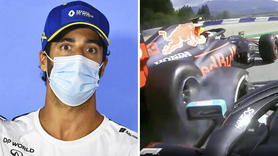 A 50-50 split image shows Daniel Ricciardo on the left and a screenshot of Lewis Hamilton's collision with Alexander Albon on the right.