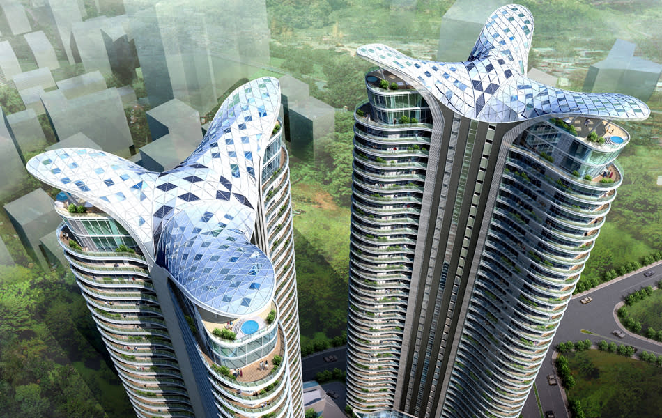 The forms of the twin towers are inspired by the forms of trees. The two distinctive towers provide over 200 comprehensive typical apartments as the trunk of the building, in the roof top, garden and shelter will provide to metaphor the form of leaf shade.