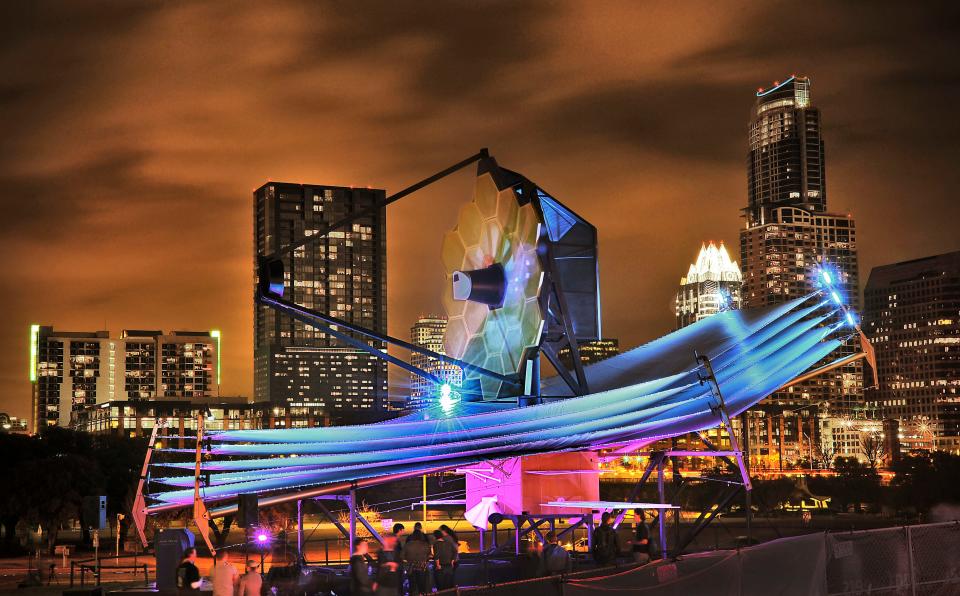 A full-scale mockup of the James Webb Space Telescope is seen at the 2013 South by Southwest conference in Austin, Texas.