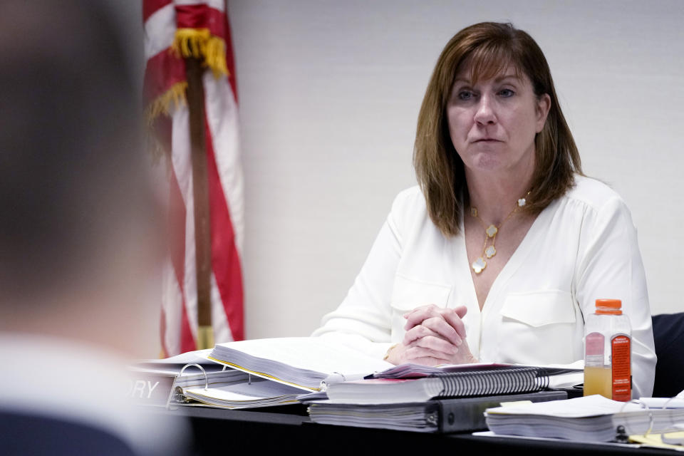 Board member Catherine S. McCrory listens during the Illinois State Board of Elections meeting in Chicago, Tuesday, Jan. 30, 2024. Illinois’ election board kept former President Donald Trump on the state’s primary ballot, a week before the U.S. Supreme Court hears arguments on whether the Republican’s role in the Jan. 6, 2021, attack on the U.S. Capitol disqualifies him from the presidency. (AP Photo/Nam Y. Huh)