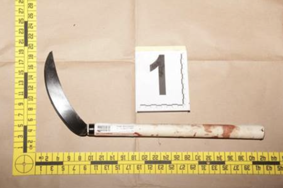 The sickle allegedly used in the offence. (PHOTO: Singapore Police Force)