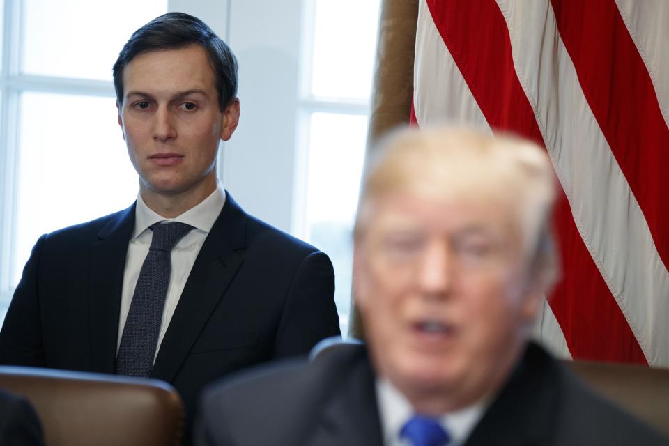 In as Dec. 20, 2017, file photo, White House senior adviser Jared Kushner listens as President Trump speaks during a Cabinet meeting at the White House in Washington.