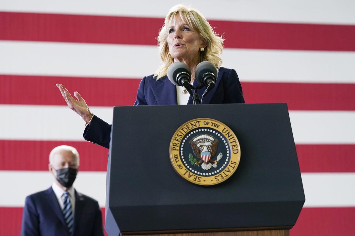 First lady Jill Biden speaks to American service members as she and President Joe Biden visit RAF Mildenhall in Suffolk, England G7 Biden, Raf Mildenhall, United Kingdom - 09 Jun 2021