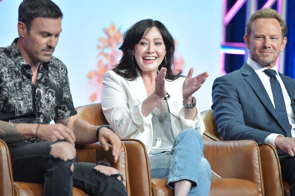 BEVERLY HILLS, CA - AUGUST 07: Brian Austin Green, Shannen Doherty and Ian Ziering of BH 90210 speak during the Fox segment of the 2019 Summer TCA Press Tour at The Beverly Hilton Hotel on August 7, 2019 in Beverly Hills, California. (Photo by Amy Sussman/Getty Images)