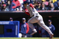 Boston Red Sox's Masataka Yoshida runs to first base on a ground out during the sixth inning of a baseball game against the Cleveland Guardians, Thursday, April 25, 2024, in Cleveland. (AP Photo/David Dermer)