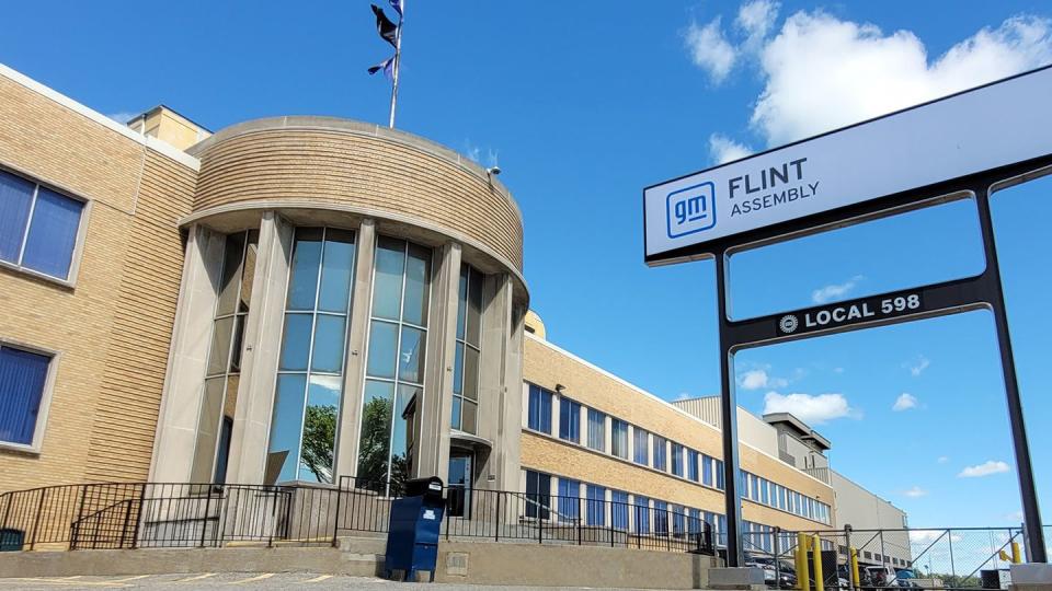 an exterior view of the gm flint assembly plant in flint, michigan