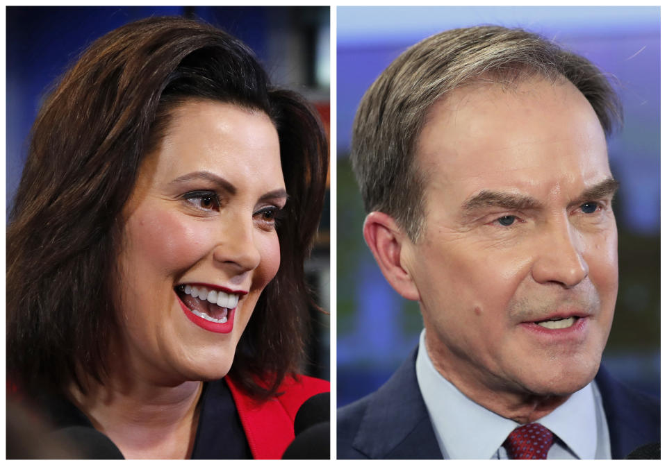 FILE - This combination of Oct. 24, 2018, file photos shows Michigan gubernatorial candidates in the November 2018 election from left, Democrat Gretchen Whitmer and Republican Attorney General Bill Schuette. (AP Photo/Carlos Osorio, File)