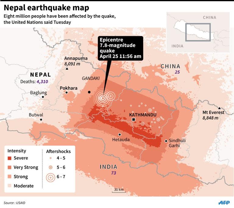 Map showing the areas worst affected by the Nepal earthquake