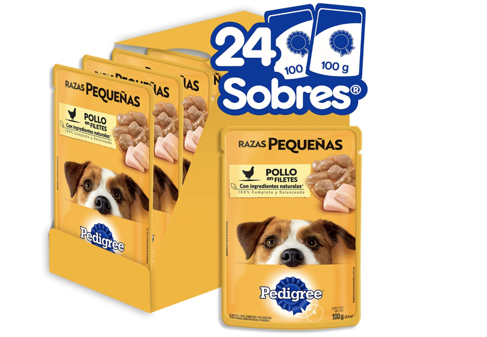 PEDIGREE alimento húmedo raza pequeña pollo riletes 24 Sobres. (Foto: Amazon)