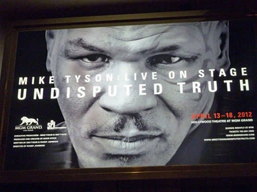 A poster of former boxing champion Mike Tyson is seen at the Hollywood Theatre in Las Vegas, ahead of the the first night of his one-man show entitled 'Mike Tyson Live On Stage, Undisputed Truth'. The former heavyweight world champion, infamous for ear-biting and a rape conviction before mounting a showbiz-tinged comeback in recent years, will play six nights in Vegas this week