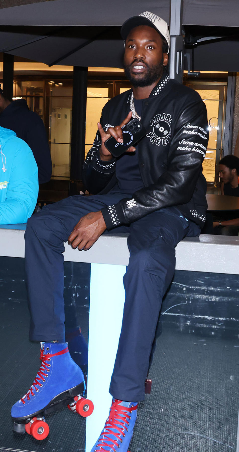 Meek Mill attends Flipper's Roller Boogie Palace x adidas celebration of fashion, hip-hop and the iconic Superstar, at Flipper’s Roller Boogie Palace during New York Fashion Week. Guests skated to music by T.J. Mizell and Quiana Parks, on September 11, 2023, at the Rink at Rockefeller Center.