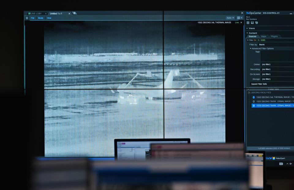 A thermal view of deicing operations as seen from the Salt Lake City International Airport Operations Center on Tuesday, Jan. 9, 2024. | Scott G Winterton, Deseret News