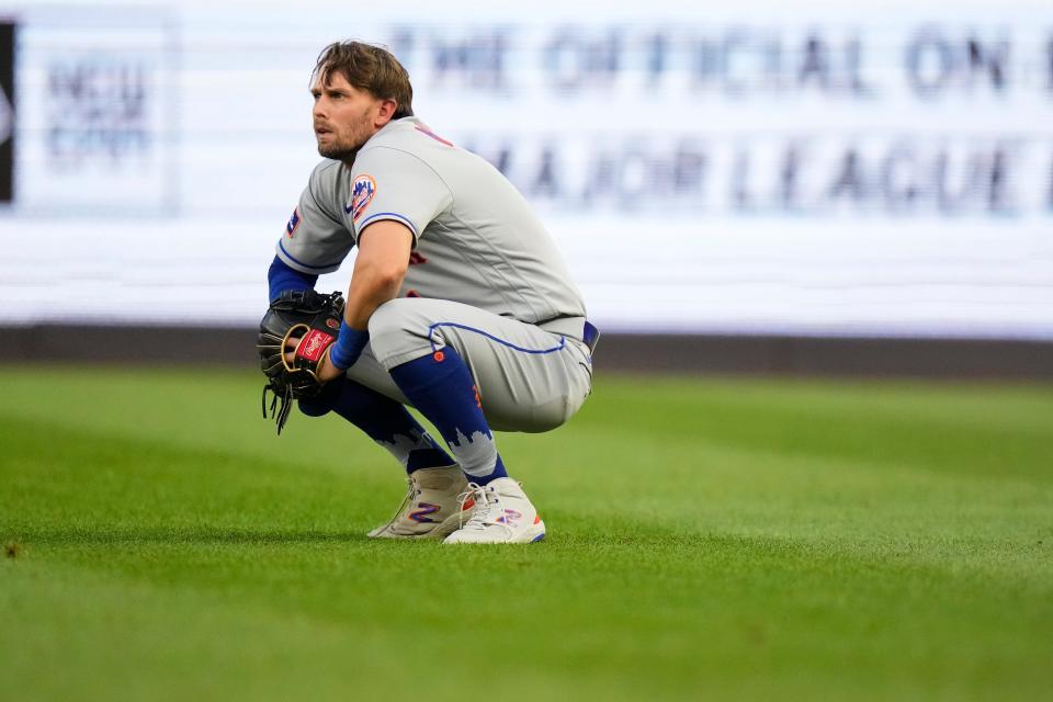 New York Mets' Jeff McNeil reacts after New York Yankees' Harrison Bader scored on a sacrifice fly by Isiah Kiner-Falefa during the second inning of a baseball game Wednesday, July 26, 2023, in New York. (AP Photo/Frank Franklin II)