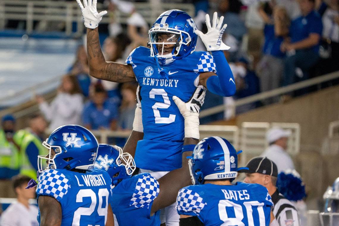 Kentucky true freshman wide receiver Barion Brown (2) celebrated one of his two touchdown catches in UK’s 31-23 victory over Northern Illinois last week.