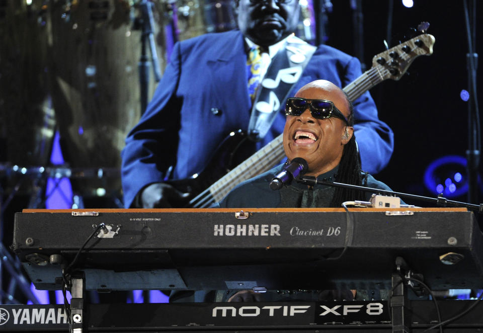 Stevie Wonder performs on stage at the 45th NAACP Image Awards at the Pasadena Civic Auditorium on Saturday, Feb. 22, 2014, in Pasadena, Calif. (Photo by Chris Pizzello/Invision/AP)