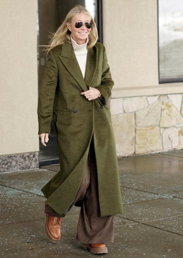 Paltrow leaves the courtroom on 21 March wearing a moss-green wool coat from US brand The Row.