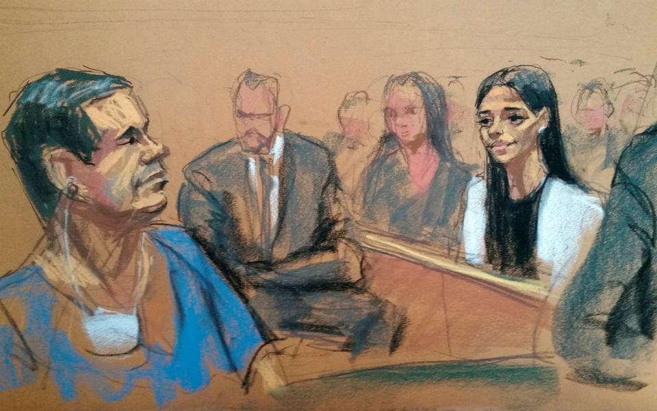 Court sketch of El Chapo and his wife Emma Coronel - REUTERS/Jane Rosenberg