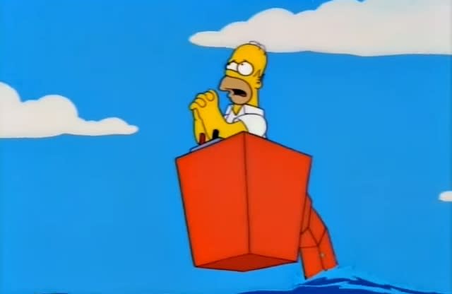 Homer riding a cherrypicker in "The Simpsons."