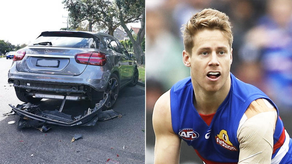 Lachie Hunter (pictured right) playing AFL and a picture of an alleged drink-driving incident.