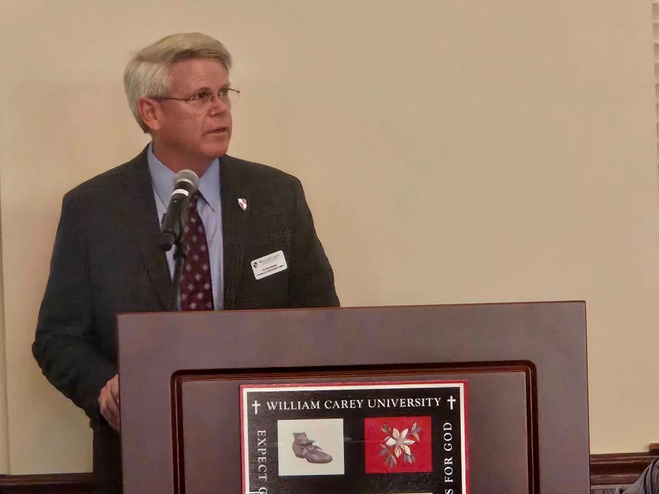 William Carey University President Ben Burnett on Wednesday talks about Charles Brown's contributions to the university and thanked the Brown family for starting the endowed scholarship named for the family patriarch, Charles J. Brown.