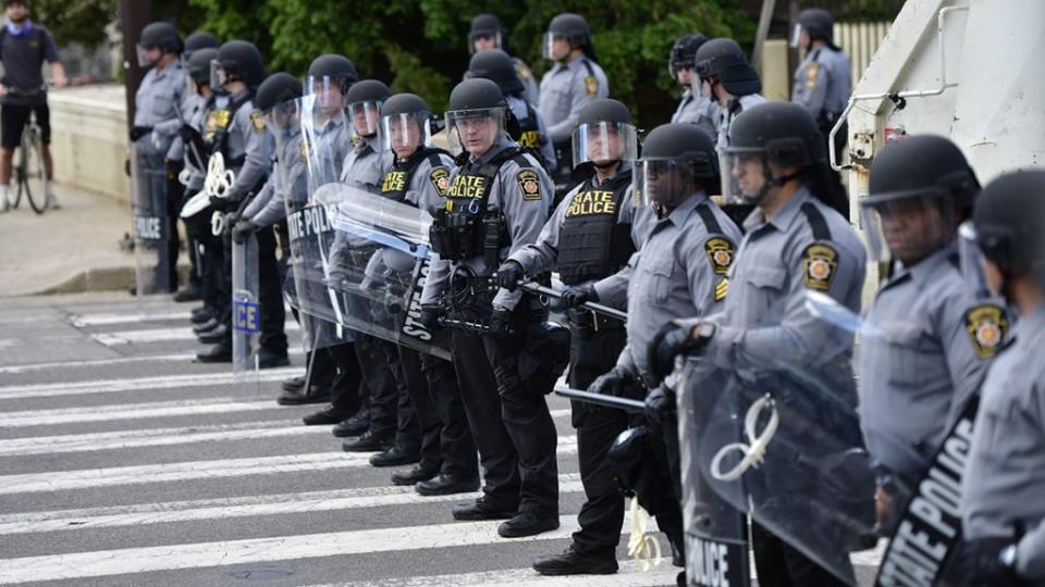 Police form a line to disallow access for a protest march through Center City on June 1, 2020 in Philadelphia, Pennsylvania. (Photo by Mark Makela/Getty Images)