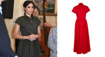 <p>For an afternoon reception at Admiralty House on October 16, the former actress changed into a £1,728 shirt dress by American designer Brandon Maxwell. The khaki-hued number has since sold out but a red version is currently available to purchase. <a rel="nofollow noopener" href="https://www.modaoperandi.com/brandon-maxwell-ss19/pleated-button-up-shirt-dress?mid=40524&utm_medium=Linkshare&utm_source=8%2Fbtisdd0hQ&utm_content=Mail+Online&utm_campaign=1&siteID=8_btisdd0hQ-SDGpcLSchgM6jRsE58OGFg&utm_medium=Linkshare&utm_source=Mail+Online" target="_blank" data-ylk="slk:Shop now" class="link "><strong>Shop now</strong></a>. <em>[Photo: Getty]</em> </p>