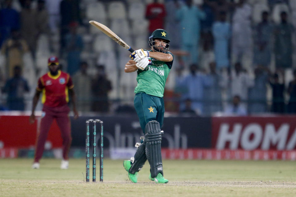 Pakistan's Khushdil Shah bats during the first one day international cricket match between Pakistan and West Indies at the Multan Cricket Stadium, in Multan, Pakistan, Wednesday, June 8, 2022. (AP Photo/Anjum Naveed)