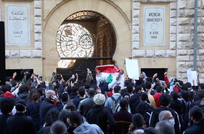 FILE PHOTO: Students from American Univeristy of Beirut protest over tuition fees in Beirut