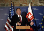 US Secretary of State Mike Pompeo addresses media during a press conference in Bratislava, Slovakia, Tuesday, Feb. 12, 2019. Pompeo is in Slovakia on the second leg of a five-nation European tour that began in Hungary and will take him to Poland, Belgium and Iceland. (AP Photo/Petr David Josek)